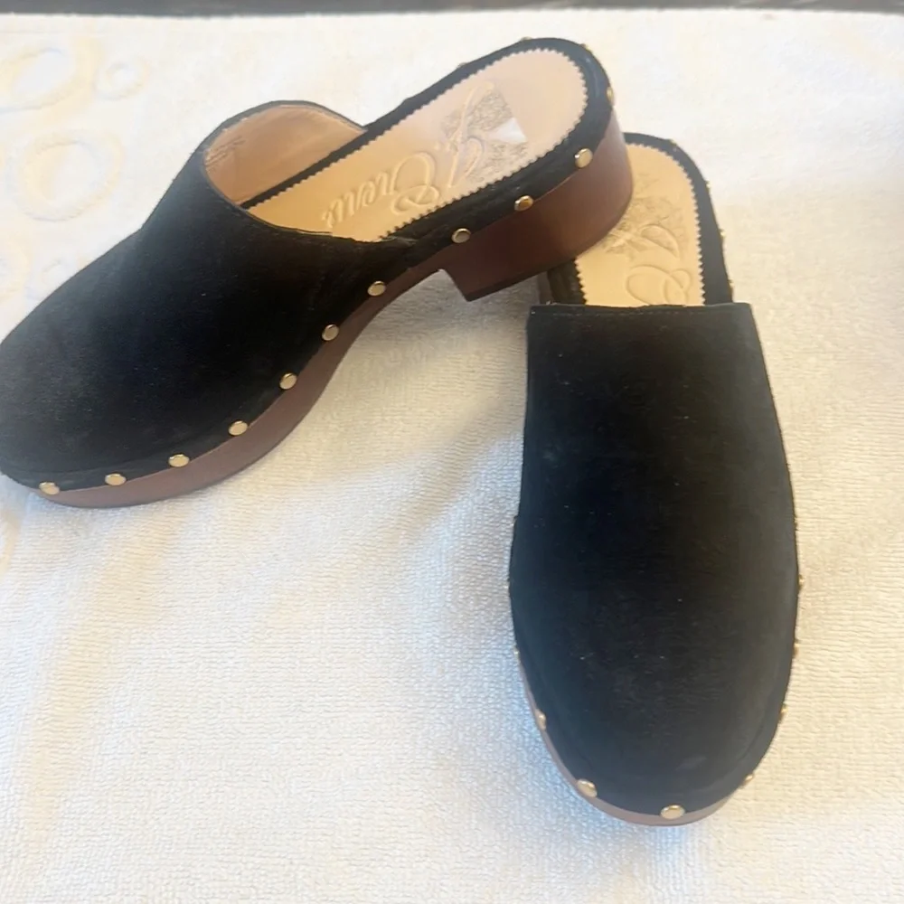 J.Crew Dakota Black Suede Gold mules clogs shoes women size 5